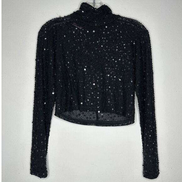Dyspnea Sheer Black Sequin Mesh Mock Neck Long Sleeve Crop Top Hand Beaded Small - Picture 4 of 11